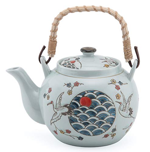 FMC Fuji Merchandise Japanese Style Porcelain Red Crowned Crane Design Ceramic Dobin Teapot with Rattan Handle 38 fl oz Teapot with Built-in Strainer for Loose Leaf Tea (Tea Pot)