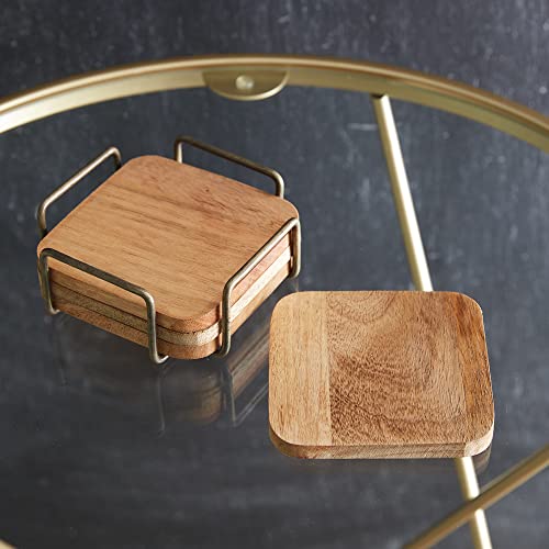 CTW Home Collection 370650 Wood Coaster with Metal Caddy, Set of 5 4.25-inch Square