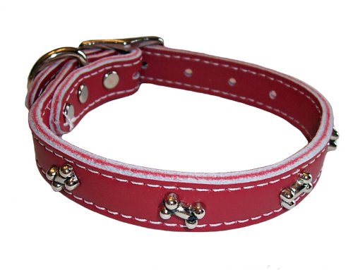 OmniPet 6069-BN-RD14 Signature Leather Dog Collar with Bone Ornaments, Red, 14"