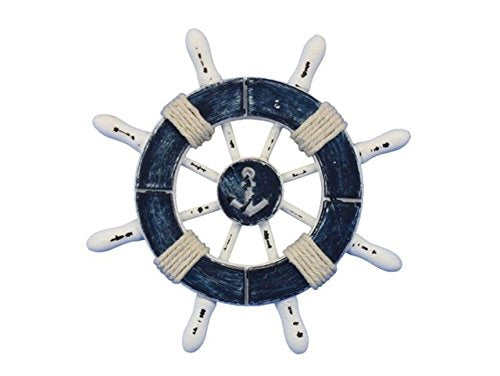 Hampton Nautical SW-6-108-anchor-NH Rustic Dark Blue and White Anchor 6"-Ships Steering Wheel Decoration, 6"