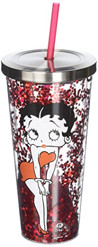 Spoontiques Smart Living Company 21302 Betty Boop Glitter Cup With Straw, 4 x 4 x 10.8 Inches, Red