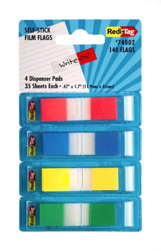 Redi-Tag Pop-Up Page Flags, 4-Count Dispensers per Pack, 35 Flags per Dispenser, 0.5 x 1.7 Inches, 1 Each of Red, Blue, Yellow and Green, 1-Pack (74002)