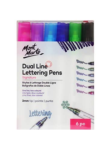 Mont Marte Signature Dual Line Lettering Pens 6pc, Self-Outlining Pens, 2mm Tip, 6 Colors Included, Suitable for Lettering, Scrapbooking and DIY Art and Crafts
