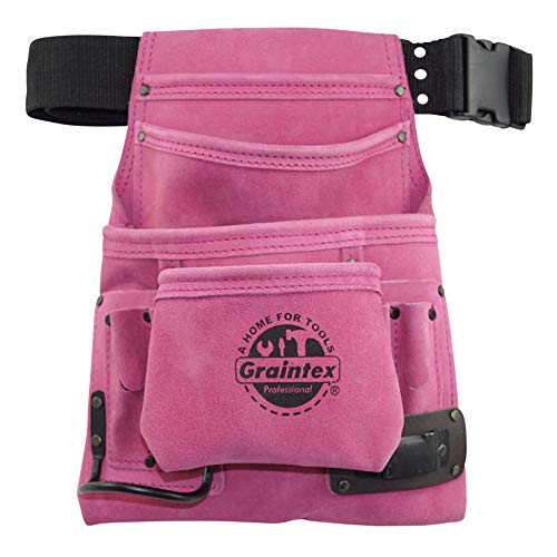 Graintex SS2034 10 Pocket Nail & Tool Pouch Pink Color Suede Leather with 2 Webbing Belt for Constructors, Electricians, Plumbers, Handymen