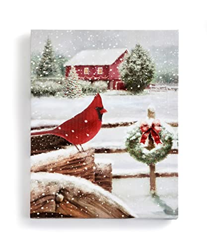 Giftcraft 683988 Christmas Cardinal and Barn LED Canvas Print, 15.8-inch Height, MDF and Canvas