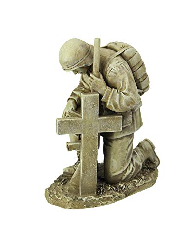 Napco Kneeling Soldier by Cross Gravestone 8" Resin Stone Garden Statue Figurine