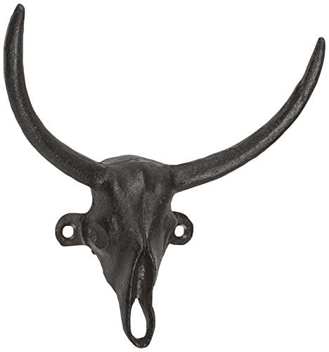 Abbott Collection  Cast Iron Bull Skull Double Wall Hook, Brown