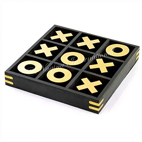 Nagina International 10" Large Elegant Premium Black Tic Tac Toe Board Game for Adults & Kids | Wooden Puzzle Game | Coffee Table Wooden Decor & Games | Lightweight Gold Plated Pieces