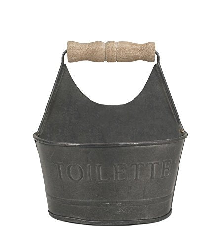 CTW Home Collection Colonial Tin Works Small Toiletries Bathroom Caddy 450156 Metal with Wooden Handle and Toilette on Front Rustic Farmhouse Gray,