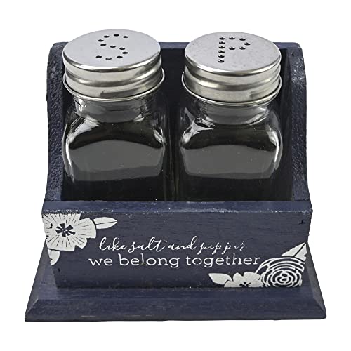 Boston Warehouse Blue Floral Glass Salt and Pepper Shakers in Wood Box