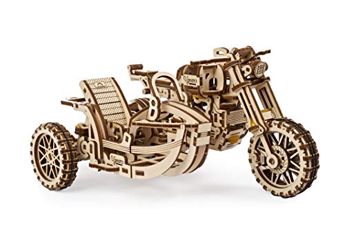 Ukidz UGEARS Motorcycle with Sidecar 3D Puzzles - UGR-10 Motorcycle Scrambler Wooden Model Kits for Adults to Build - Retro Design Sidecar Motorbike Model Kit with Rubber Band Motor - Model Building Kit