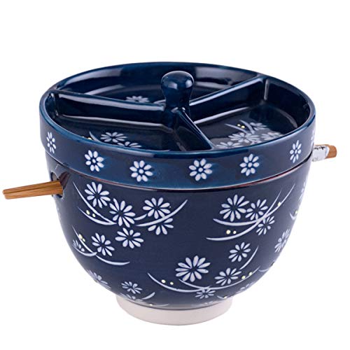 FMC Fuji Merchandise Mira Design Japanese Design Quality Ceramic Ramen Udong Soba Tempura Noodle Bowl with Chopsticks and Condiment Lid 6 Inch Diameter (Midnight Blue)