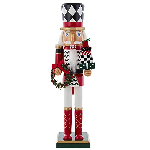 Kurt Adler Adler Red, White and Black Nutcracker with Gift Wreath Music Box, 15-Inch, Multi-Colored
