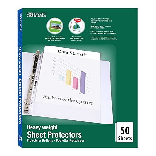 BAZIC Sheet Protectors Heavyweight, Fit 8.5x11 Inch Paper, Reinforced11 Hole Clear Plastic Sleeves Ring Binder Sheets, Archival Safe (50/Pack), 1-Pack