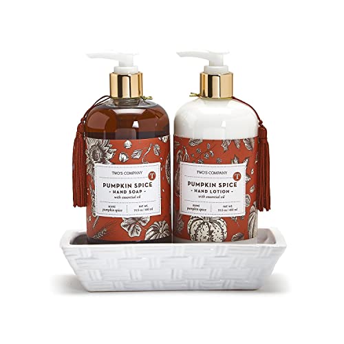 Two's Company Autumn Air Pumpkin Spice Scented Hand Soap & Lotion Set in Ceramic Tray