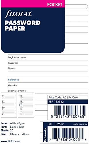 Rediform Filofax B132562 Classic Organizer Refill, Pocket Size, Password paper