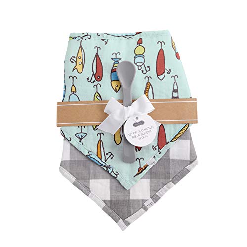 Mud Pie Fish Muslin Bib & Spoon Set,bib 7 3/4\" x 10\" | spoon 6\"