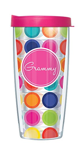 Freeheart Signature Tumblers Grammy Hot Pink Insignia Wrap on Happy Circles 16 Ounce Double-Walled Travel Tumbler Mug with Hot Pink Easy Sip Lid