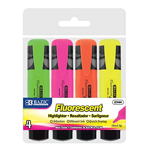 BAZIC Neon Highlighters w/Pocket Clip, Chisel Tip Broad Fine Line, Unscented Quick Dry, Highlighting Underlining Coloring Sketchbook Text Books, for Kids School Office (4/Pack), 1-Pack