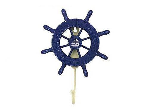 Hampton Iron Rustic All Dark Blue Decorative Ship Wheel with Sailboat and Hook 8" - Ship Wh