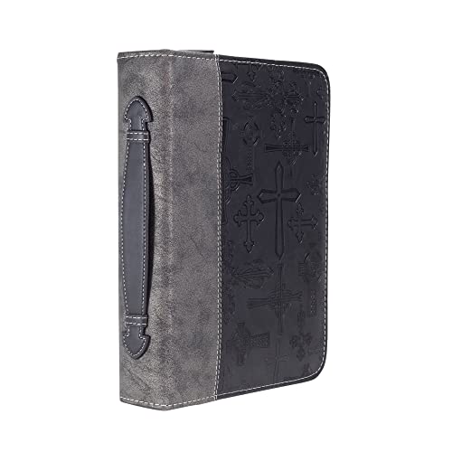 Divinity Cross Design Midnight Black and Silver Tone Large Faux Leather Bible Cover