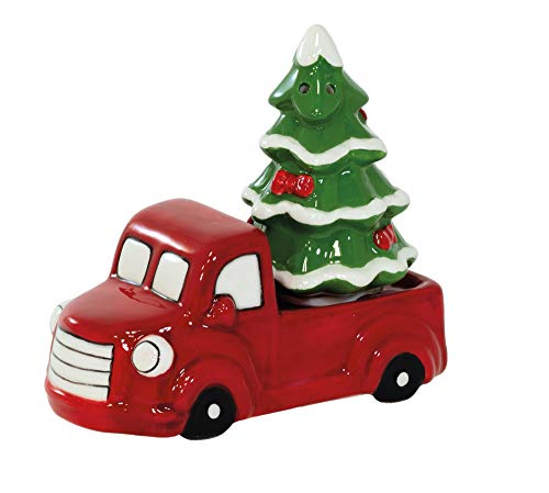 Boston International Holiday Ceramic Salt & Pepper Shakers, 4 x 2-Inches, Red Truck & Xmas Tree