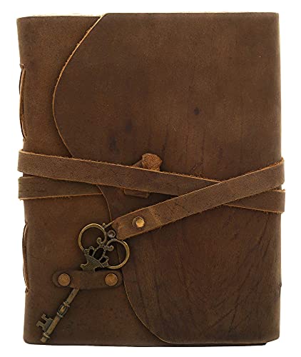 TUZECH Leather Vintage Journal Retro Travel Diary an Exclusive Handmade Paper Notebook with Key (Brown, 8 inch x 6 inch) Leather Bound Journal Vintage Journal for Man and Women