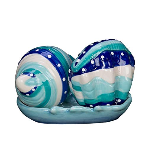 Beachcombers SS-BCS-03693 Ocean Clamshell Conch 3 Piece Ceramic Salt and Pepper Shaker with Tray Set