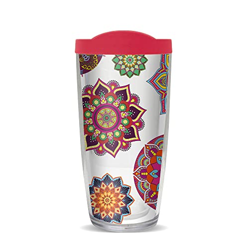 Freeheart Signature Tumblers Mandalas 16 Ounce Double-Walled Travel Tumbler Mug with Pink Lid