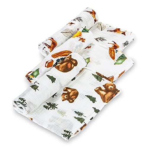 LollyBanks 100% Cotton Muslin Swaddle Forest Baby Blanket Set, Deer, Bear, and Pine Tree Pattern | Boy Receiving Blankets Pack of 3 Breathable Security Swaddles