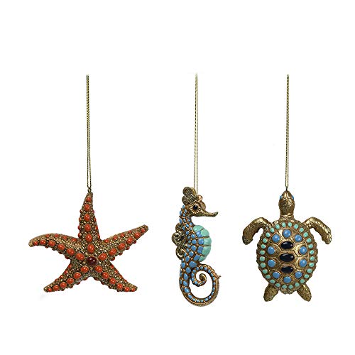 Comfy Hour Under The Sea Collection Set of 3 Resin Ocean Wild Animal Seahorse Starfish Turtle Christmas Tree Ornaments