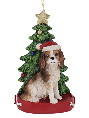 Kurt Adler CAVALIER KING CHARLES WITH CHRISTMAS TREE ANE LIGHTS ORNAMENT FOR PERSONALIZATION