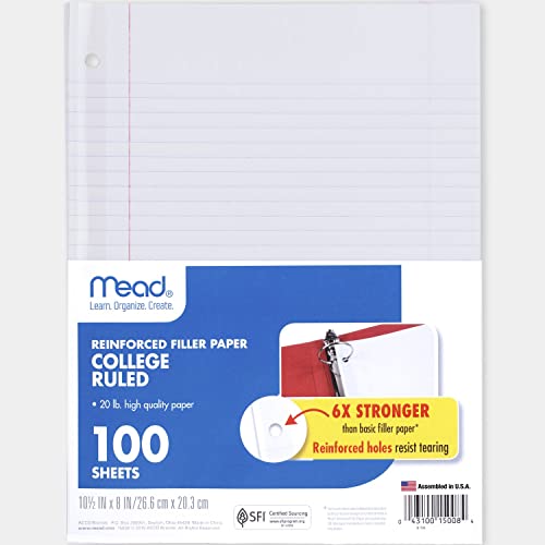 ACCO (School) Mead Loose Leaf Paper, Filler Paper, Reinforced, College Ruled, 100 Sheets, 10-1/2" x 8", 3 Hole Punched, 1 Pack (15008)