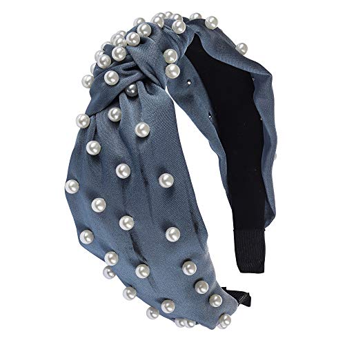 SOMEWHERE HAUTE Ladies Satin Blue With Pearls Top-knot Headband (Satin Blue)