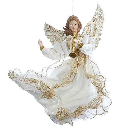 Kurt Adler IVORY AND GOLD FLYING ANGEL WITH TRUMPET ORNAMENT