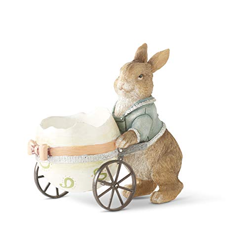 K&K Interiors 20368B 8.25 Inch Resin Pastel Rabbit Pushing Egg Cart, Brown and White