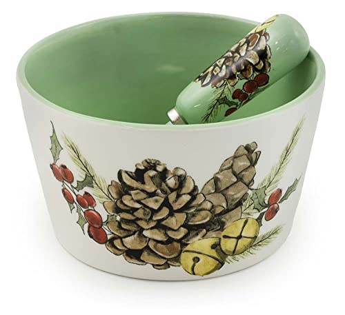 Boston International Holiday Ceramic Bowl and Stainless Steel Spreader, 4.75-Inches, Pinecones & Bells