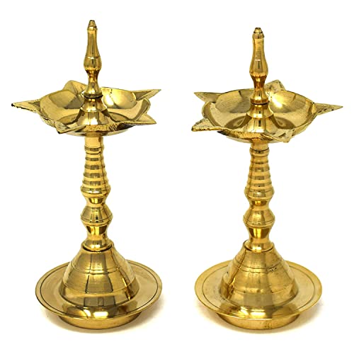 Hashcart Brass Kerala Samai Standing Deepak for Puja - Traditional Oil Lamp Diya - Indian Gift Item [10 inch, Set of 2]