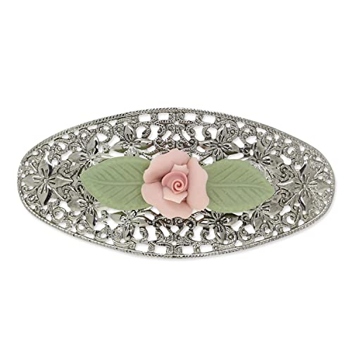 1928 Jewelry Women's Pink Porcelain Flower With Green Leaf Hair Barrette, (1 Pcs)