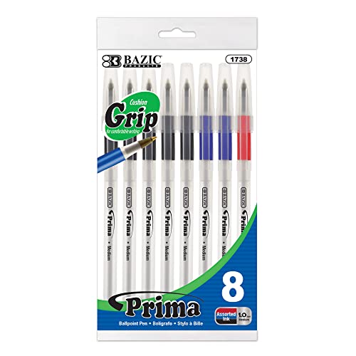 BAZIC 1738 Prima Assorted Color Stick Pen w/ Cushion Grip (8/Pack)