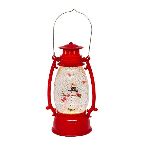 Roman Red Vintage Lantern Snowman Swirling LED Light 10 Inch Acrylic Holiday Glitter Globe