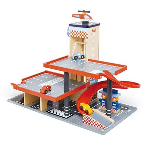 Tender Leaf Toys - Blue Bird Service Station - Classic Wooden Garage and Service Station for Cars and Helicopter with Ramps, Petrol Pumps and Car Wash Center - Imaginary and Roleplay for Children 3+