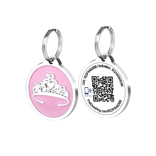 Pet Dwelling Smart QR Code-NFC Pet ID Tag - Dog Tags - Cat Tags - Online Pet Profile - Instant Email Alert -Scanned QR Tag GPS Location (Pink Tiara)