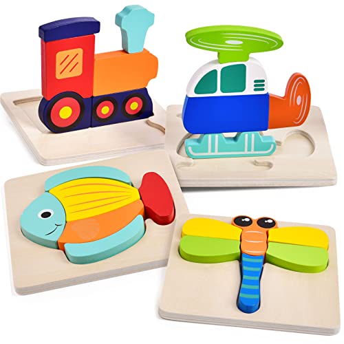 FUN LITTLE TOYS Wooden Puzzles for Toddlers Educational Playset in Animal Pattern Shapes with Vibrant Colors, Set of 4 Brain Building Peg Puzzles for Boys and Girls