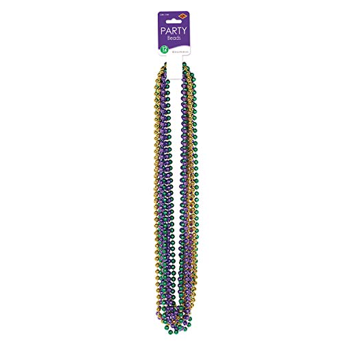 Beistle Mardi Gras Beaded Necklaces 12 Piece Party Favors, 33", Gold/Green/Purple