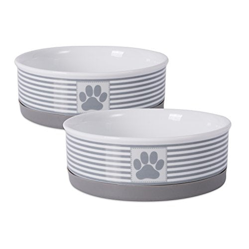 DII Design Bone Dry Paw Patch & Stripes Ceramic Pet Bowl & Canister Collection, Medium Bowl Set - 6 x 6 x 2", Gray, 2 Piece