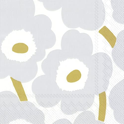 Boston International Marimekko IHR 3-Ply Cocktail Beverage Paper Napkins, 5 x 5-Inches, Unikko White Silver