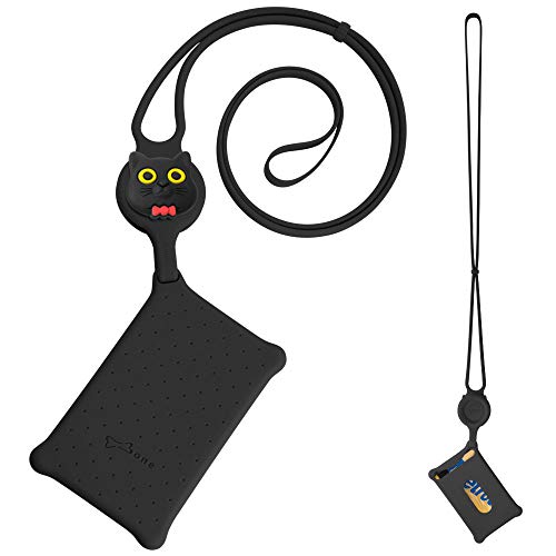 Bone Collection Bone Card Tie, Silicone Lanyard Neck Strap with Card Holder Case for Multi-Purpose Badge Holder, Credit Card, ID Card, Key Card, Key, Gift - Miao Cat (Black)