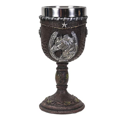 Pacific Trading Western Themed Horse Emblem with Horseshoe Faux Leather Grapevine Stainless Steel 7fl oz Resin Goblet