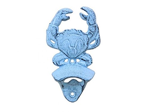 Hampton Iron Dark Blue Whitewashed Wall Mounted Crab 6"-Vintage Cast Iron Decor-Sea Life Bottle Opener